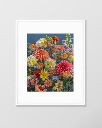 Flower fine art photography print by Katrin Engler with yellow and orange Dahlias.